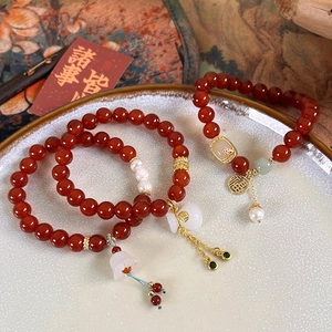 Bracelet rétro en agate rouge et perles d'eau douce avec pendentif porte-bonheur Fu