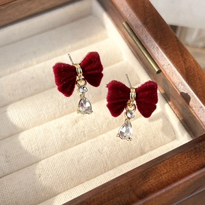 Elegant wine red flocked bow earrings with water drop crystal pendants for women