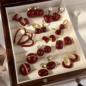 Vintage Angola Red Enamel Earrings For Women Copper Alloy Gold Heart Geometric Stud Earrings Artificial Pearl Rhinestone Jewelry