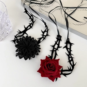 Gothic Rose Thorn Choker Necklace Vintage Dark Punk Ribbon Lace Collar For Halloween Party Costume Women Jewelry Accessories