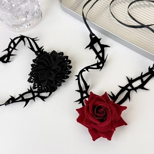 Gothic black thorn choker with red rose and lace flower for Halloween accessories