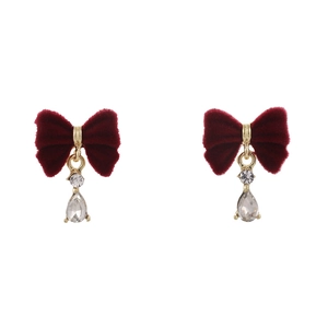 Vintage burgundy velvet bow earrings with gold metal and clear teardrop pendant charms