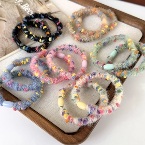 Autumn Winter Plush Hair Tie Yarn Knitted Ponytail Holder Sweet Polka Dot Hair Scrunchies Colorful Resin Bead Hair Accessories