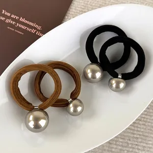 Élastique à Cheveux en Tissu Côtelé Minimaliste Avec Décoration de Boule Miroir Argentée Corde à Cheveux Haute Élasticité