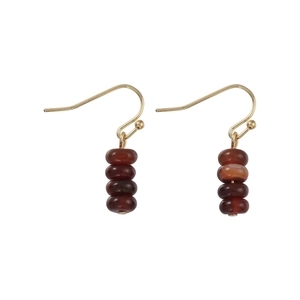 Vintage gold hook earrings with four red tiger eye beads on a clean white background