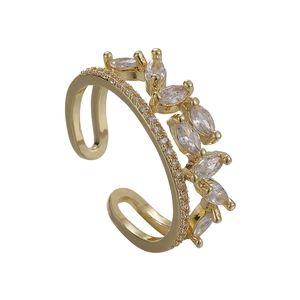 Double layer gold leaf ring with micro-pave marquise zirconia in a minimalist style