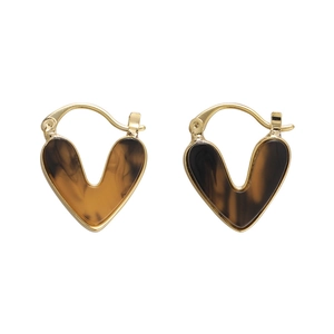 Retro V-shape heart hoop earrings with golden frames and amber marble texture resin inserts
