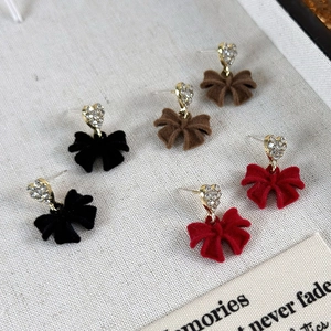 Elegant red velvet bow heart rhinestone earrings set in black brown and red colors