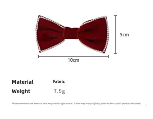 Detailed view of red velvet bow hair clip with rhinestones and 10x5cm dimensions