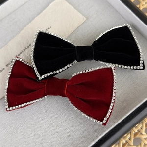 Elegant velvet bow hair clips with rhinestones in classic black and vintage wine red colors