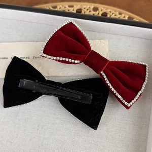 Retro velvet bow hair clips with rhinestones in burgundy and black for women