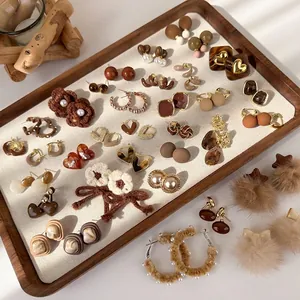 Orecchini a Bottone Geometrici Caffè Vintage Francese Resina Rame Strass Perla Artificiale Gioielli Donna