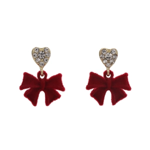 Red velvet bow heart earrings with crystal rhinestones and gold-tone heart base studs
