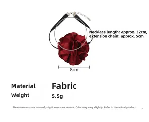 Detailed view of dark red satin rose choker with dimensions and velvet ribbon strap