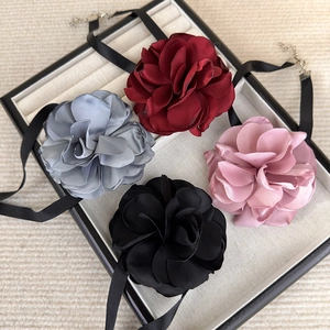 Exaggerated satin flower choker necklace set in burgundy blue pink and black