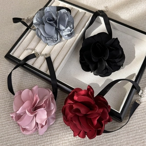 Elegant 3D satin rose flower chokers in four colors with adjustable ribbon straps