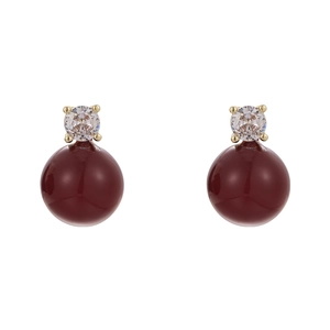 Elegant gold drop earrings featuring sparkling crystals and deep red round resin beads