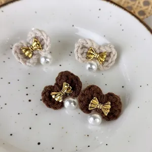 Sweet Autumn Winter Handmade Woolen Knitted Bowknot Artificial Pearl Stud Earrings Alloy Retro Forest Style Jewelry For Women