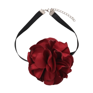 Retro oversized burgundy fabric rose choker necklace with black ribbon and silver chain