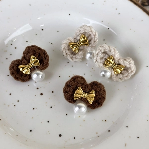 Knitted caramel bow earrings with faux pearl drops in elegant vintage handmade style