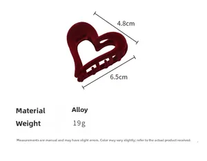 Detailed specs of the burgundy flocked heart hair claw showing size 6.5cm and 19g weight