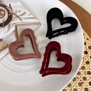 Three-piece heart-shaped flocked hair claws in black, coffee, and burgundy velvet finish
