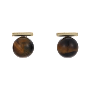 Geometric tiger eye stone earrings with golden metal bars and brown spherical stones