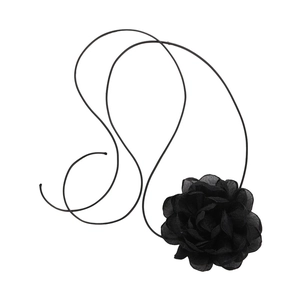 Collier ras du cou vintage en tissu noir avec fleur de camélia et longs rubans à glands