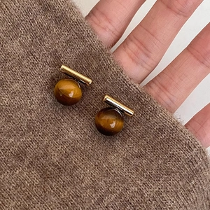 Retro Tiger Eye Stone Geometric Stud Earrings With S925 Silver Post Gold Minimalist Brown Ball Earring Jewelry For Women