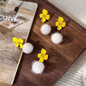 Autumn winter floral earrings with yellow petals and white faux fur pompom accents