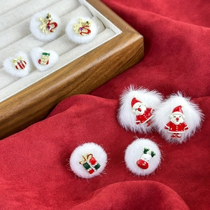 Christmas Santa stud earrings with white plush ball and festive bell pendants