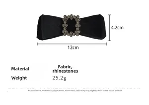 Detailed size view of black velvet bow hair clip with luxury rectangular rhinestone