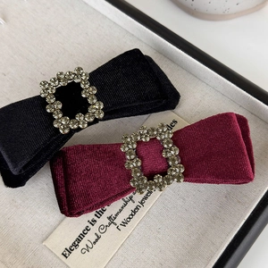 Elegant velvet bow hair clip with square crystal rhinestone buckle in black and burgundy