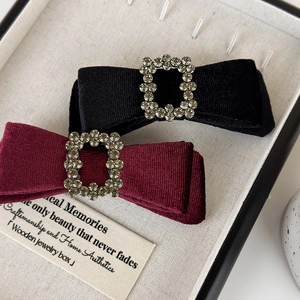 Velvet bow hair clips with square rhinestones in black and burgundy red colors