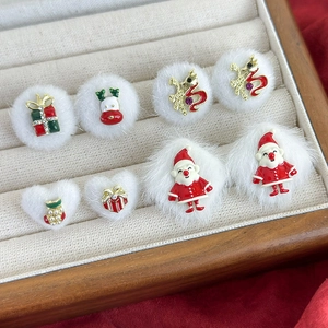 Christmas Santa Claus Plush Ball Stud Earrings Alloy Enamel Reindeer Gift Box Earrings Festive Winter Jewelry For Women Party