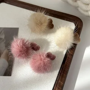 Autumn Winter Heart Pom Pom Drop Earrings Sweet Velvet Milk Tea Color Artificial Fur Ball Earrings For Women Jewelry