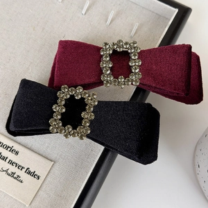 Vintage Velvet Bowknot Hair Clip With Square Rhinestone Buckle French Style Elegant Spring Clip Hair Accessories For Women Jewelry