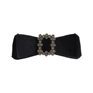Elegant black velvet bow hair clip featuring a central rectangular crystal rhinestone buckle