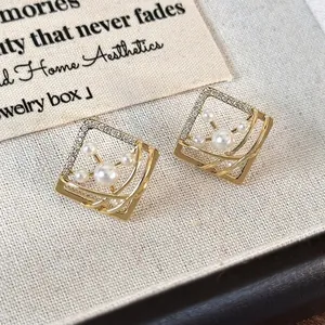 Elegant Geometric Square Hollow Copper Stud Earrings With Faux Artificial Pearl And Zirconia Accents Vintage Gold Jewelry For Women Party