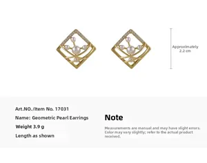 Detail of gold geometric hollow earrings with white pearls and rhinestones measuring 2.2cm