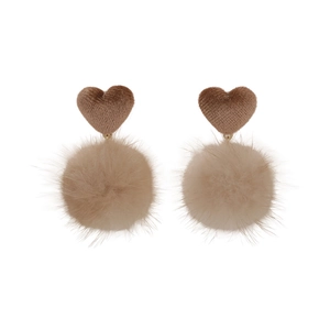 Cute brown velvet heart and beige plush fur ball dangle earrings for women