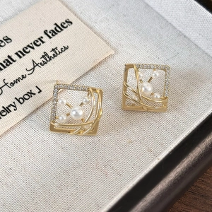 Elegant geometric gold square stud earrings with pearls and micro diamonds for women