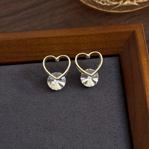 Gold Copper Hollow Heart Stud Earrings Transparent Rhinestone Korean Style Elegant Dainty Fashion Jewelry For Women Gift