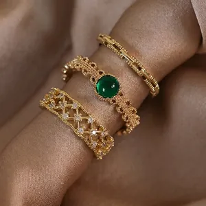 Anello Aperto Regolabile con Gemma Verde Smeraldo Vintage per Donna in Rame Placcato Oro con Strass Griglia Catena Geometrica Gioielli Regalo