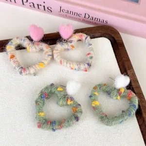 Handmade Yarn Wrapped Heart Stud Earrings For Women Autumn Winter Colorful Plush Heart Earrings Sweet Korean Style Jewelry Gift
