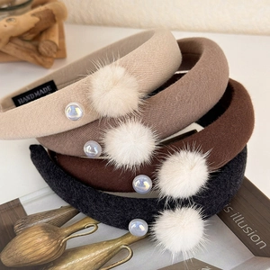 Retro Gepolstertes Stirnband Mit Kunstpelz Pompon Und Imitationsperle Gestricktes Winter Haarband Für Damen Elegante Accessoires