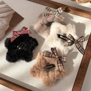 Retro Plush Star Hair Clip For Women Sweet Plaid Bow Pentagram Side Clip Handmade Autumn Winter Headwear Hair Accessory