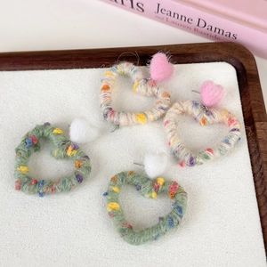 Rainbow woven heart earrings with wool yarn and plush balls in two color sets