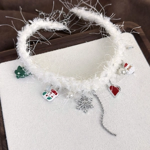 Christmas white faux fur choker necklace with festive snowflakes and santa charms