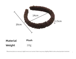 Serre-tête en peluche marron montrant les dimensions de 16 cm de long et 2,5 cm